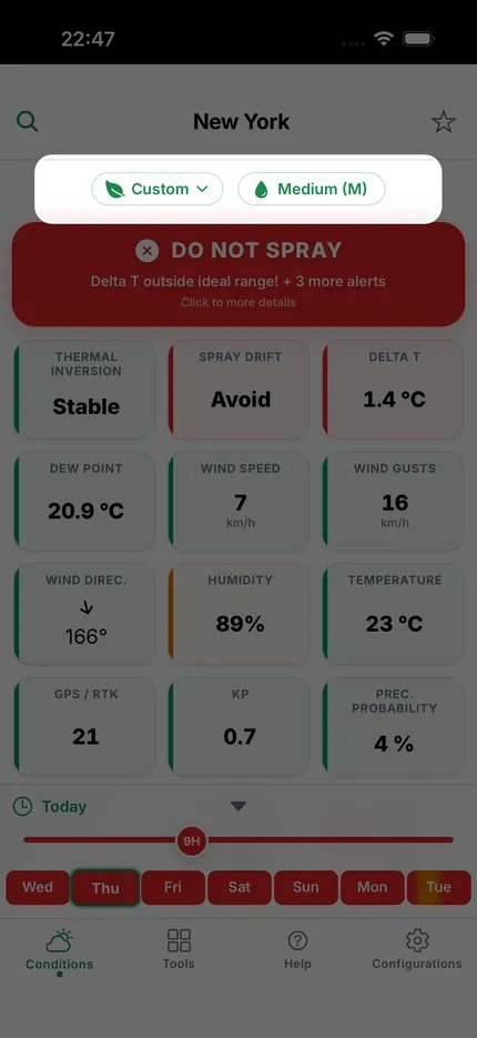 Crop preset picker with soybean, corn, sugarcane, cotton, wheat and coffee, each loading its own spray thresholds