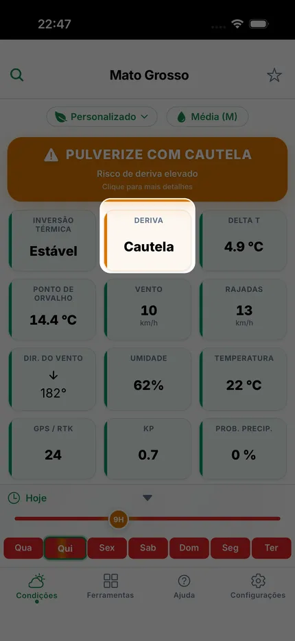 Tela de deriva cruzando a velocidade do vento com a classe de gota do bico para mostrar o nível de risco